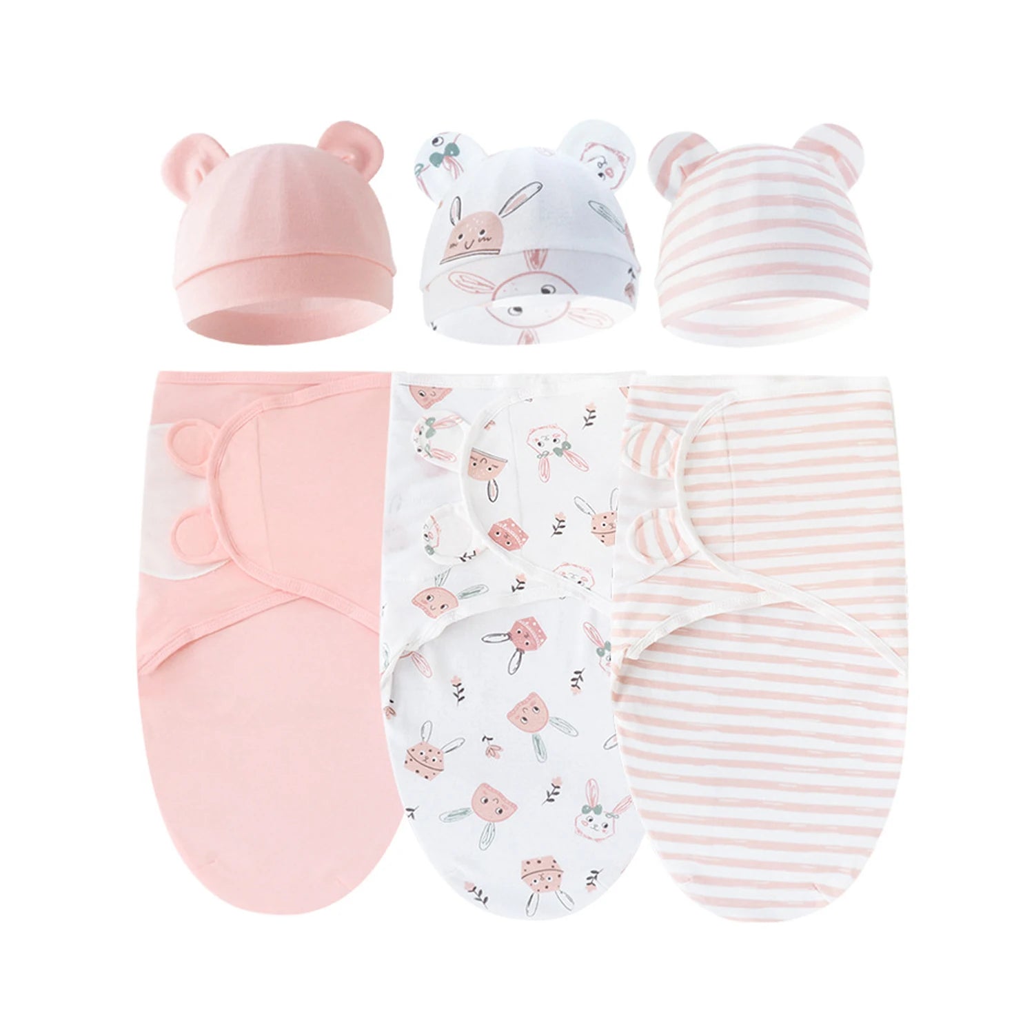 Set of 3 newborn swaddle blankets and baby hats