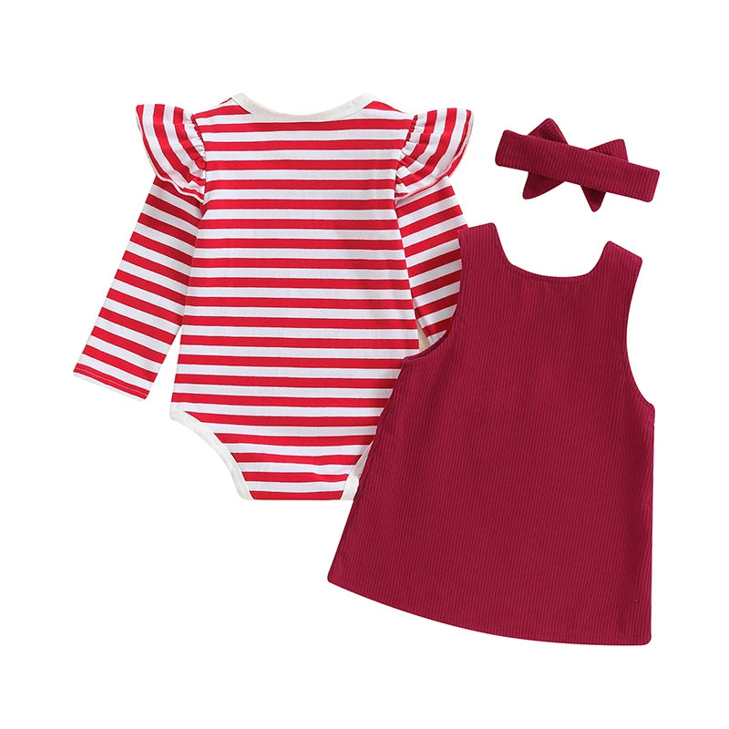 2024-05-18 Lioraitiin Baby Girl Thanksgiving Outfits Stripe Long Sleeve Romper Turkey Embroidery Overalls Dress Headband Set