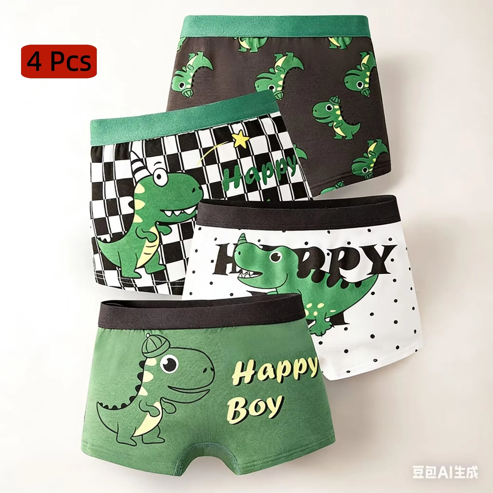 4-piece set of cute green dinosaur print cotton underpants