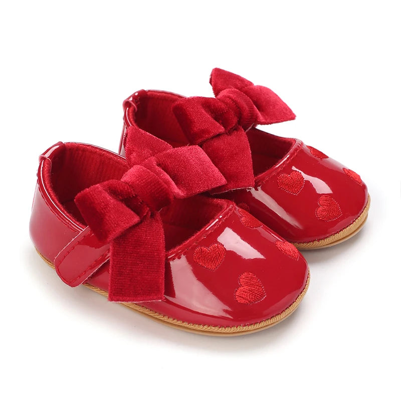 Adorable Baby Girls Heart Pattern Bowknot Soft Sole PU Leather Flats Shoes