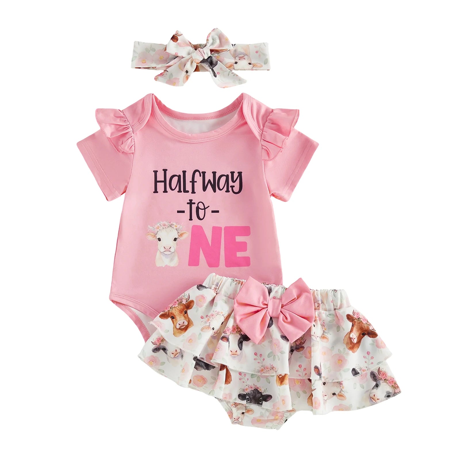 Baby Girl 6 Month Birthday Set with Ruffle Romper Skorts and Headband