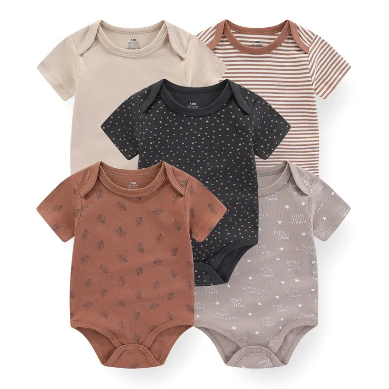 Kiddiezoom Summer 5 Piece Fashion Cartoon Boys and Girls Bodysuits 100% Cotton Soft Newborn Bodysuit Set